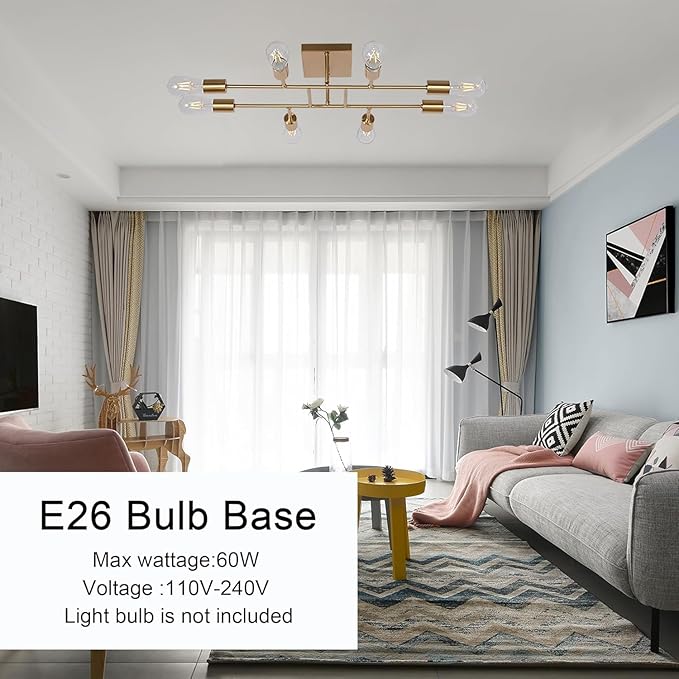8 Light Modern Kitchen Ceiling Lighting Fixture, Mid Century Brushed Brass Semi Flush Mount Low Ceiling Living Room Light fixtures for Dining Room Bedroom Foyer Basement