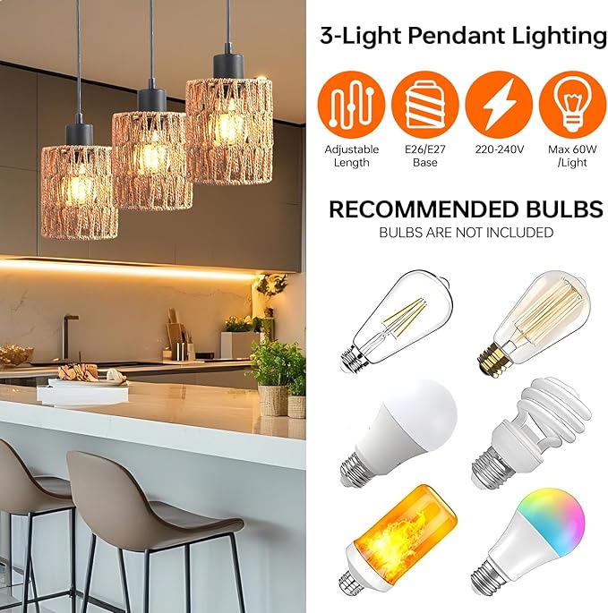 FIRVRE 3 Light Pendant Lighting, Farmhouse Boho Hanging Light Fixture for Kitchen Island & Dining Room, Industrial Vintage Ceiling Lamp with E26 Base, Adjustable Height, Rattan Pendant Light