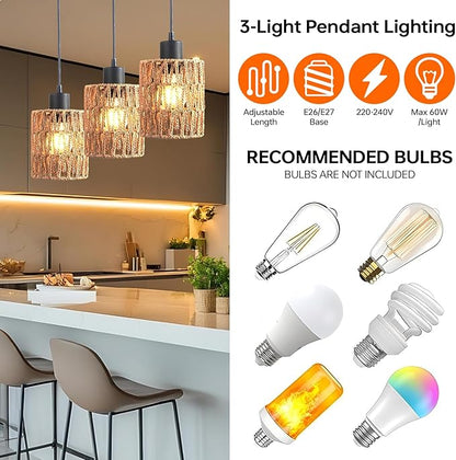 FIRVRE 3 Light Pendant Lighting, Farmhouse Boho Hanging Light Fixture for Kitchen Island & Dining Room, Industrial Vintage Ceiling Lamp with E26 Base, Adjustable Height, Rattan Pendant Light