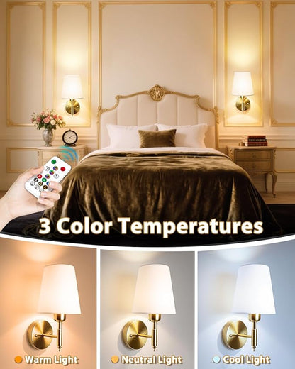 Adetu Battery Operated Wall Sconces Set of Two, Gold Rechargeable Wall Lights with 10000mAh RGB Rechargeable Magnetic Bulb, Battery Wall Sconce with Remote Control for Bedroom Decor