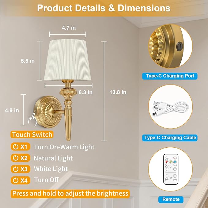 Cordless Battery Powered Wall Sconce Vintage Set of 2, Touch Type & Remote, Timer, Wireless 6800mAh Rechargeable Battery Small Wall Lamp for Wall Painting, Living Room, Bedroom, Hallway, Gifts(Gold)