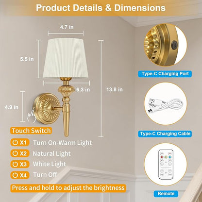 Cordless Battery Powered Wall Sconce Vintage Set of 2, Touch Type & Remote, Timer, Wireless 6800mAh Rechargeable Battery Small Wall Lamp for Wall Painting, Living Room, Bedroom, Hallway, Gifts(Gold)