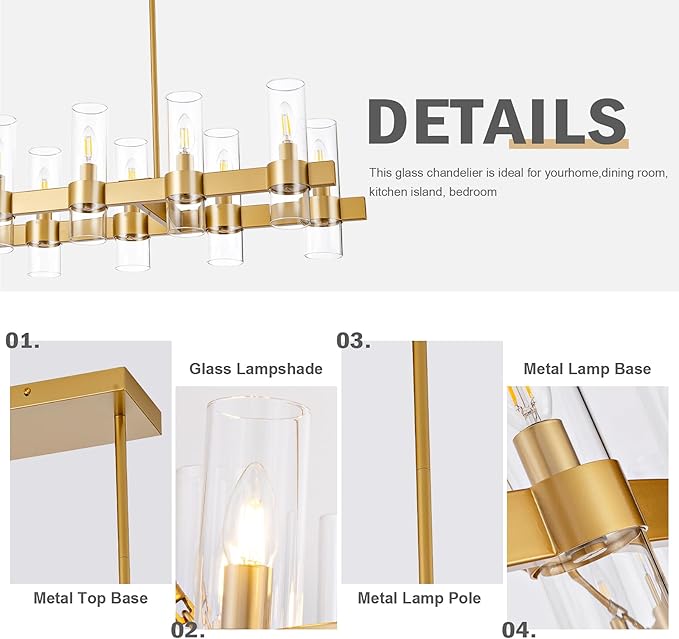 Gold Linear Chandeliers for Dining Room, 54" Rectangle Chandelier with Glass, 16-Light Modern Chandeliers Over Table, Farmhouse Chandelier for Kitchen Island, Industrial Pendant Light Fixtures