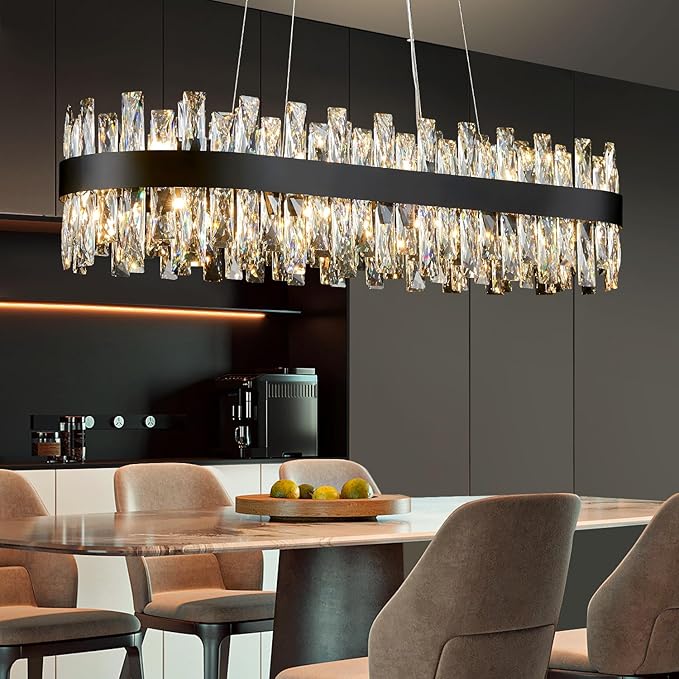 Modern Black Crystal Chandelier for Dining Room, Rectangle K9 Crystal Raindrop Chandelier Lights, Contemporary Ceiling Hanging Light Fixtures for Kitchen Island Dining Room, Length 35.4 inches