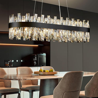 Modern Black Crystal Chandelier for Dining Room, Rectangle K9 Crystal Raindrop Chandelier Lights, Contemporary Ceiling Hanging Light Fixtures for Kitchen Island Dining Room, Length 35.4 inches