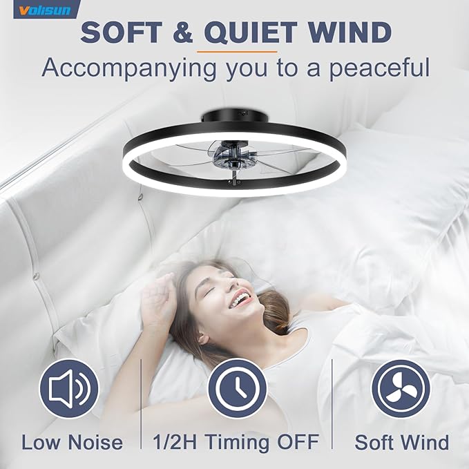 VOLISUN Low Profile Ceiling Fan with Lights and Remote, 15.7in Bladeless Ceiling Fans with Light Flush Mount, 3000K-6500K Dimmable Modern LED Fan Light, Black Fandelier Ceiling Fans for Bedroom