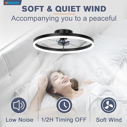 VOLISUN Low Profile Ceiling Fan with Lights and Remote, 15.7in Bladeless Ceiling Fans with Light Flush Mount, 3000K-6500K Dimmable Modern LED Fan Light, Black Fandelier Ceiling Fans for Bedroom
