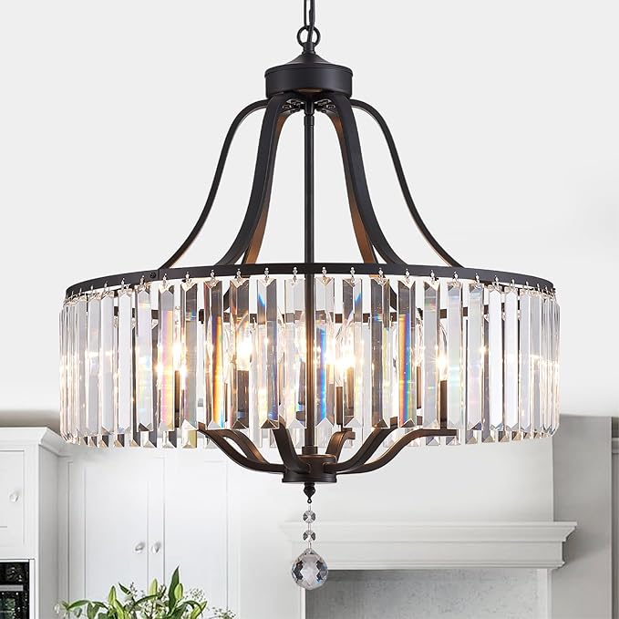 Modern Crystal Chandeliers Round 6-Light Large Black Pendant Lighting Fixture for Dining Room Living Room Kitchen Island Bedroom Hallway Hall Foyer 21.7" Adjustable Height Hanging Lamp