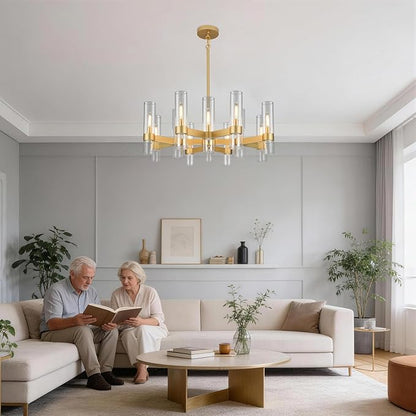 12 Light Gold Chandeliers for Dining Room Light Fixture, Modern Farmhouse Chandelier Over Table, Kitchen Hanging Lighting with Clear Glass Cover for Living Dining Room Kitchen Bedroom Foyer 34"