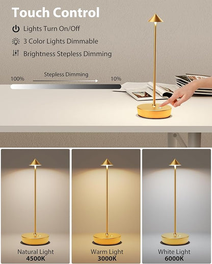 Cordless Table Lamps Rechargeable, 6000mAh Battery Operated LED Desk Lamp Outdoor Waterproof Portable Touch Dimmable Table Night Light for Patio Restaurant Dining Home Set of 2 Gold