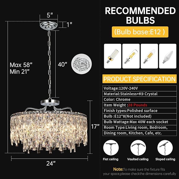 Luxury Crystal Chandelier, 24" Modern Round Dining Room Chandeliers Over Table，8 Lights Chrome Ceiling Pendant Ceiling Lighting for Living Room Bedroom Entryway Foyer Staircase