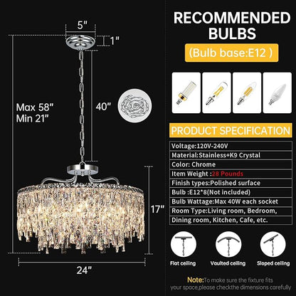 Luxury Crystal Chandelier, 24" Modern Round Dining Room Chandeliers Over Table，8 Lights Chrome Ceiling Pendant Ceiling Lighting for Living Room Bedroom Entryway Foyer Staircase