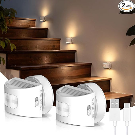 L LOHAS LED Motion Sensor Night Light, Rechargeable Stair Lights Indoor, Portable Warm White Motion Sensor Light Indoor, Battery Operated for Bedrooms, Hallway, Stairway & Bathrooms[2 Pack]