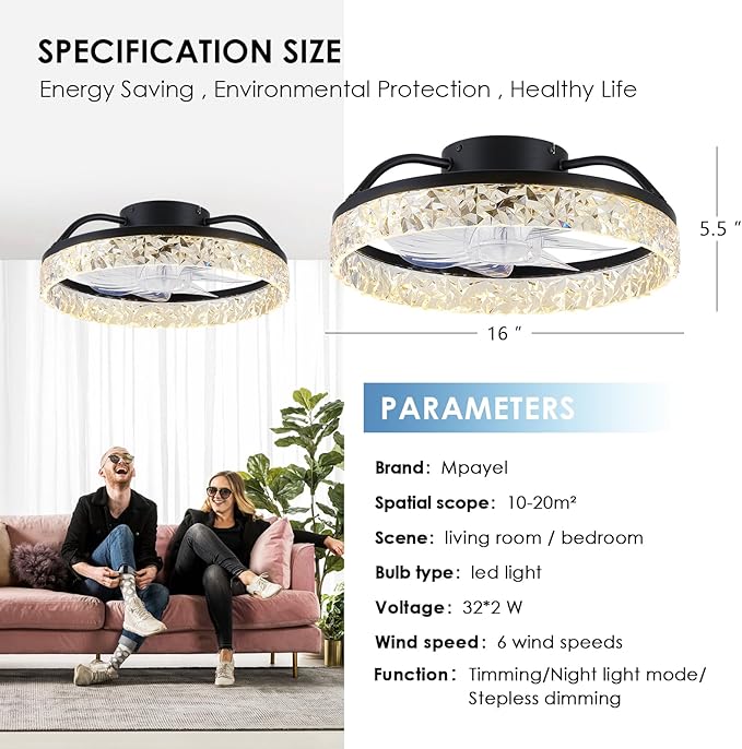 Mpayel Ceiling Fans with Lights and Remote/APP Control, Modern Dimmable Low Profile Ceiling Fan, Flush Mount Bladeless Ceiling Fan, 16" Memory Function Forward Reverse and 6 Speeds - Black