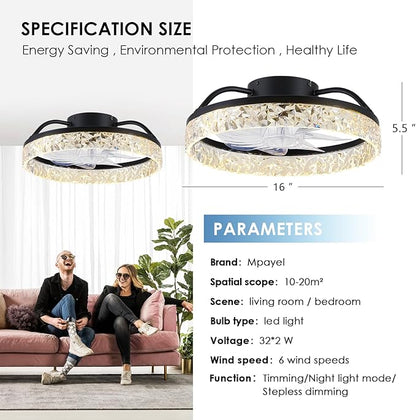 Mpayel Ceiling Fans with Lights and Remote/APP Control, Modern Dimmable Low Profile Ceiling Fan, Flush Mount Bladeless Ceiling Fan, 16" Memory Function Forward Reverse and 6 Speeds - Black