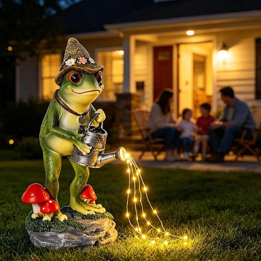 Solar Frog Statue for Garden with Watering Can Light 8.8" Resin Frog Figurine Outdoor Patio Porch Yard Decor Unique Birthday Housewarming Gifts for Women Mom Grandma Wife Sister