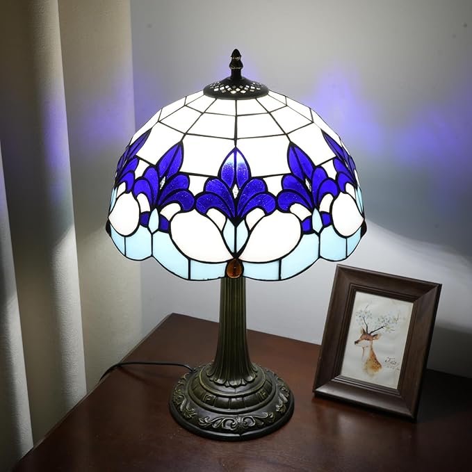 Tiffany Style Table Lamp with Blue Iris Stained Glass Lamp 12 Inch Retro Bronze Base Bedside Lamp Living Rooms, Offices, Hotel，Coffee Shop European Style Decorative Ambient Light Bedside Lamp
