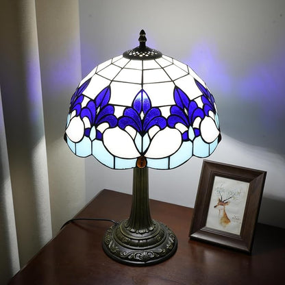 Tiffany Style Table Lamp with Blue Iris Stained Glass Lamp 12 Inch Retro Bronze Base Bedside Lamp Living Rooms, Offices, Hotel，Coffee Shop European Style Decorative Ambient Light Bedside Lamp