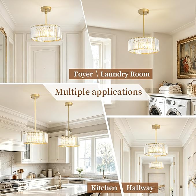 Small Gold Crystal Chandelier,Modern Dining Room Light Fixture Over Table,3-Ligh Round Kitchen Hallway Lighting Fixture, Semi Flush Mount Ceiling Pendant Light for Entryway Foyer, 12''