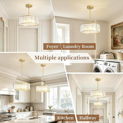 Small Gold Crystal Chandelier,Modern Dining Room Light Fixture Over Table,3-Ligh Round Kitchen Hallway Lighting Fixture, Semi Flush Mount Ceiling Pendant Light for Entryway Foyer, 12''