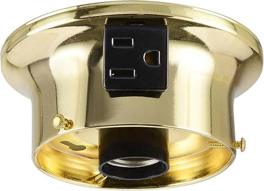 Aspen Creative 22103-06-1, Flush Mount Ceiling Fixture Shade Holder Kit with Outlet in Brushed Brass Finish 3-5/8" Fitter, 4-3/4" Diameter x 2" Height