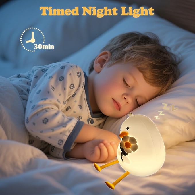 Night Light for Kids, Cute Duck Silicone Nightlight with Timer, Rechargeable Nursery Light, LED Squishy Night Lights, Safe Bedside Lamp, Dimmable Animal Night Lamp for Boys Girls Toddler (Duck)