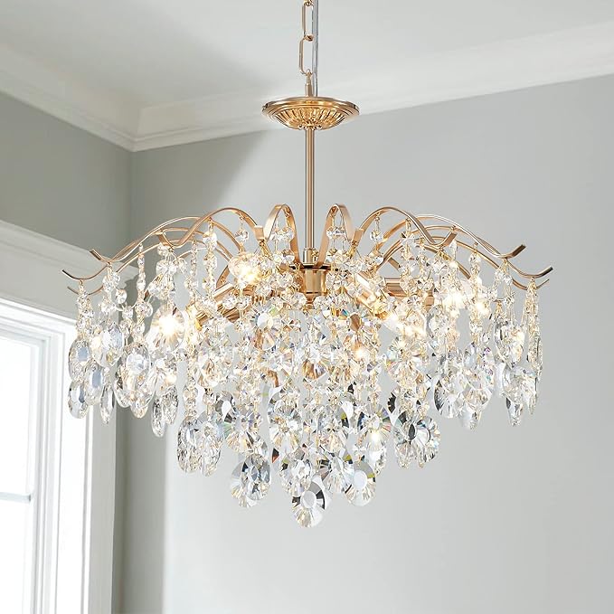 Saint Mossi 6-Light Gold Crystal Chandeliers, Middle Century Dining Room Light Fixture, Modern Pendant Light for Living Room, D20 x H17, Adjustable Chains 59", Chopper Finish Metal Frame