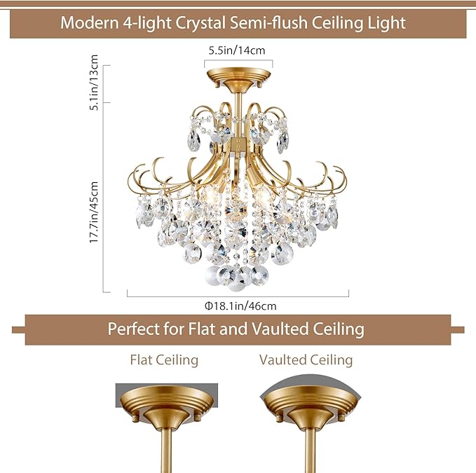 Gold Crystal Chandelier Ceiling Light, Luxury Crystal Semi Flush Mount Ceiling Lighting Fixture for Dining Room Bedroom Hallway Bar Kitchen, H 17.7'' x W 18.1''
