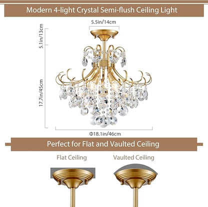 Gold Crystal Chandelier Ceiling Light, Luxury Crystal Semi Flush Mount Ceiling Lighting Fixture for Dining Room Bedroom Hallway Bar Kitchen, H 17.7'' x W 18.1''