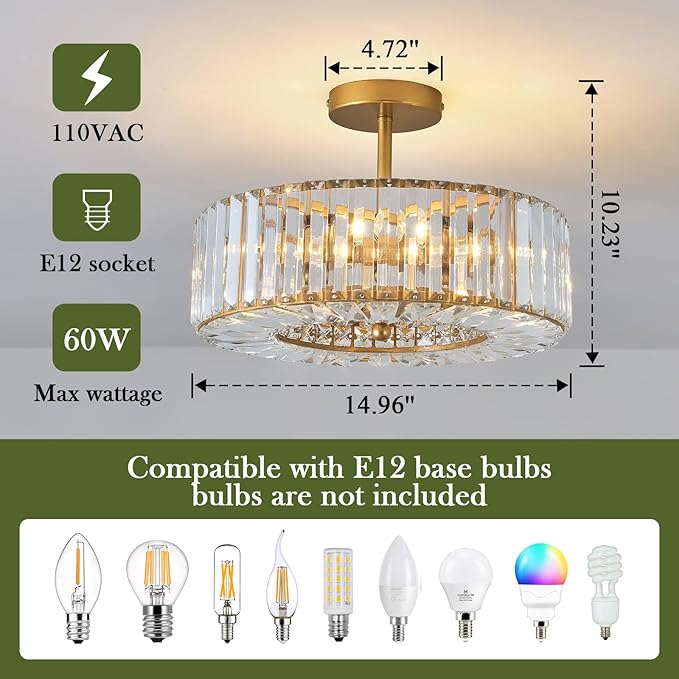 Piepooye 4 Lights Modern Crystal Chandelier Gold Round Semi Flush Mount Ceiling Light Fixture Farmhouse Chandelier for Dining Room Living Room Bedroom Hallway Entryway Kitchen