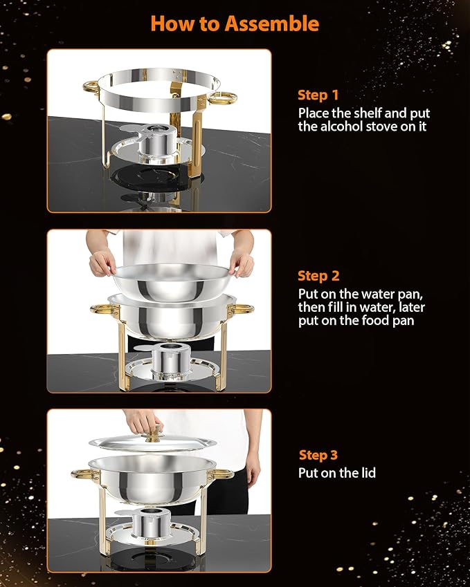 5QT 6 Packs Chafing Dish Buffet Set, NSF Round Stainless Steel Chafers and Warmers Food Servers Sets with Lid & Lid Holder, Spoon & Tweezer for Catering Events Parties Weddings Dinners,Gold