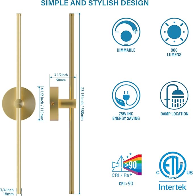 ZAGO 24 Inch LED Indoor Linear Wall Sconces Set of Two, 3CCT Switchable, Brushed Golden, Hardwired and Wall Mounted, Dimmable for Living Room, Hallway, Bedroom, 120-277V, 14W, 900LM, ETL Certified