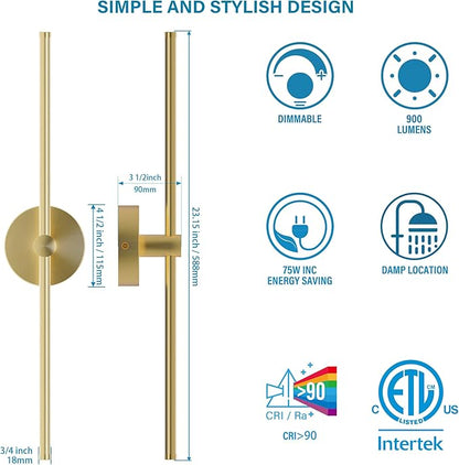 ZAGO Plug in or Hardwired Linear Wall Sconce: 24 Inch LED Indoor Modern Linear Wall Lights Set of Two with On/Off Switch, 5CCT Switchable, Brushed Gold, Dimmable for Living Room, Bedroom, Hallway