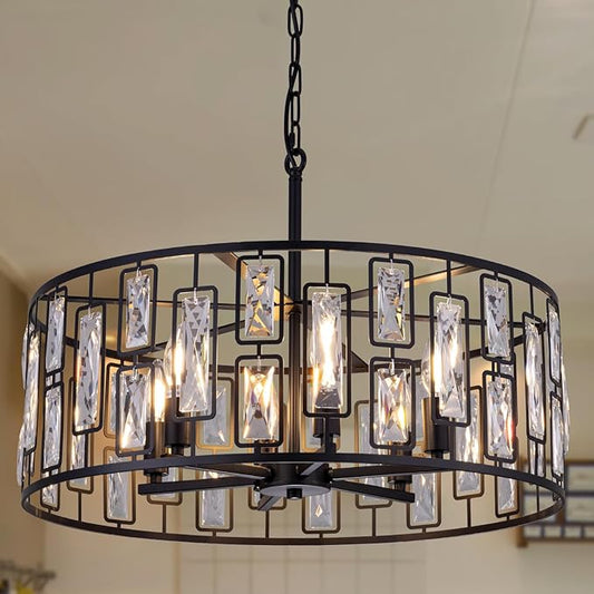 Wellmet Black Crystal Chandeliers 24in, 6 Lights Round Ceiling Light Fixture for Dining Room, Modern Farmhouse Drum Chandelier for Living Room, Bedroom, Bathroom, Kitchen, Entryway, Hallway