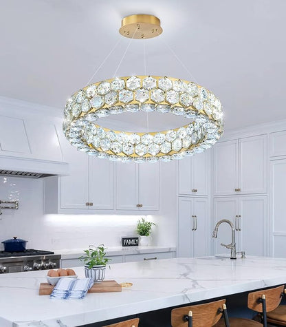 Modern Crystal Chandelier Ring Chandeliers for Dining Room Living Room Round LED Dimmable Ceiling Light Fixture for Bedroom Hallway Foyer Gold