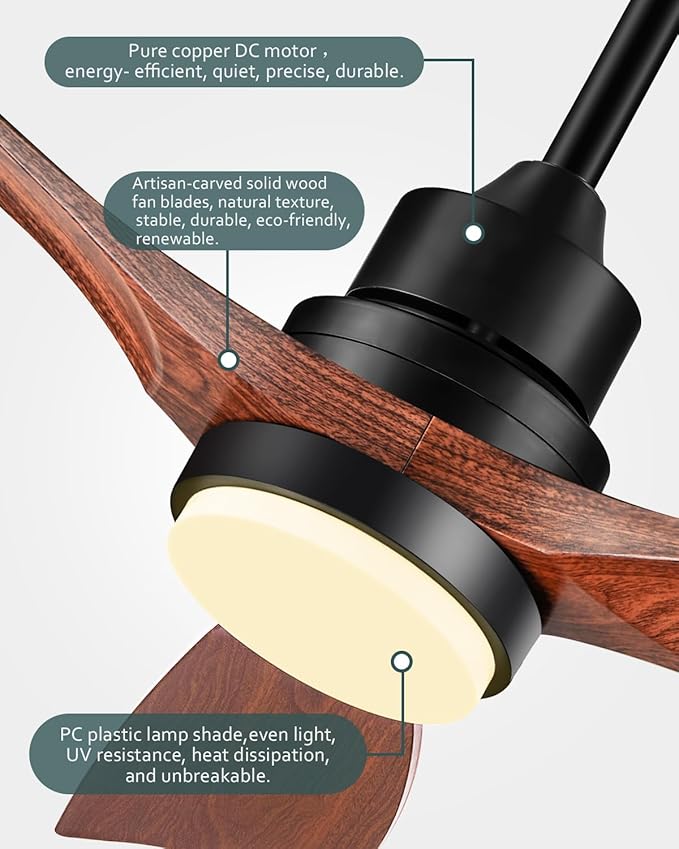 Ceiling Fans with Lights and Remote, 52 Inch Outdoor Ceiling Fan for Patios Indoor with 3 Downrods, 3 Blades Modern Ceiling Fan, 6 Speed Reversible Quiet DC Motor Solid Wood Fan,52in,Walnut