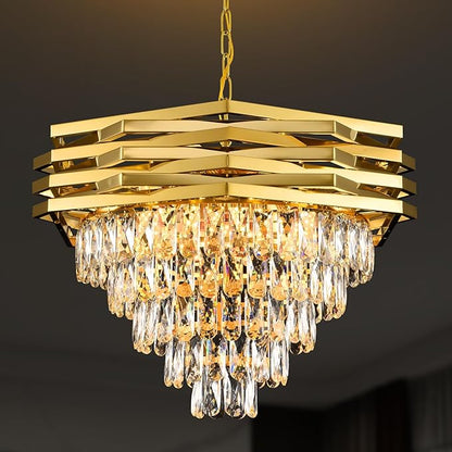 Gold Modern Crystal Chandelier 24" Round Chandeliers for Dining Room K9 5 Tiers Ceiling Pendant Light Fixtures Large Flush Mount Chandelier for Living Room Entryway Foyer Staircase