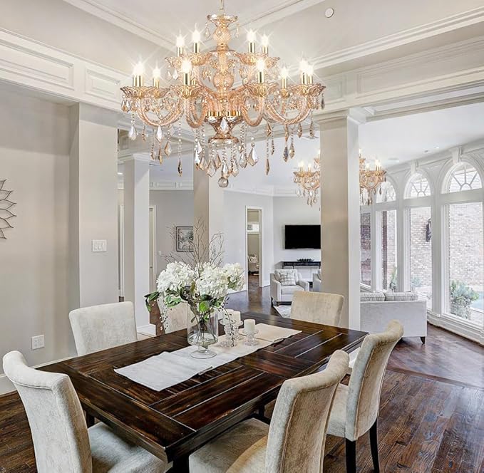 Luxury K9 Crystal Amber Color Modern Classic 15 Lights Ceiling Chandelier with Adjustable Height E12 Candelabra Base Fixture for Dining Room Kitchen Living Room