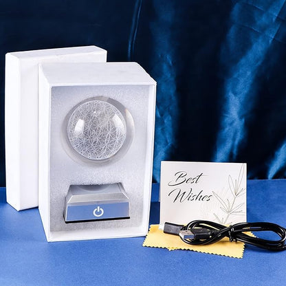Qianwei Flower of Life Crystal Sphere with Led Colorful Lighting Touch Base, Sacred Geometry Crystal Ball Starlight Magic, Feng Shui Decor Laser Engraved Seek of Flower Inside A Sphere