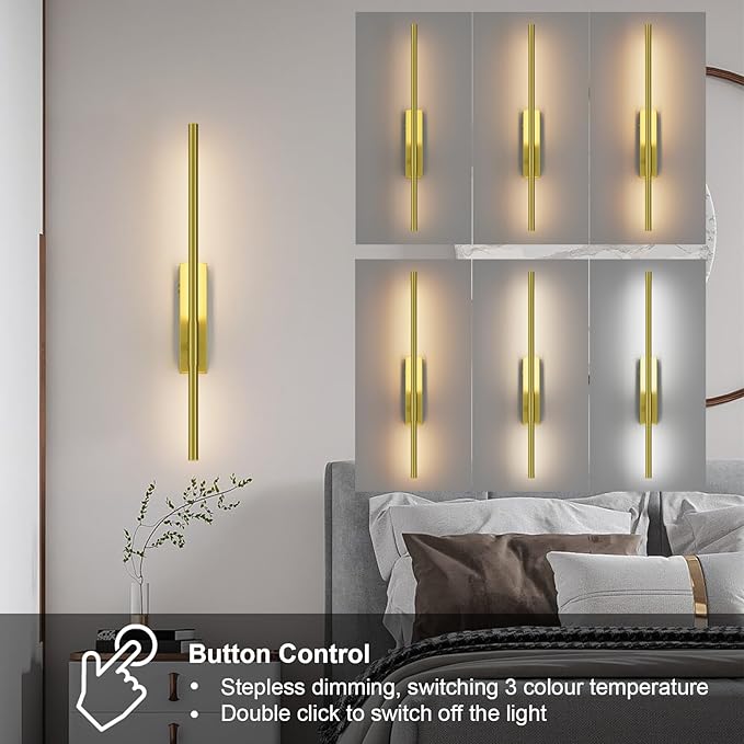 Battery Operated Wall Sconces, 1 Pack USB Rechargeable Wall Lights, Dimmable Wireless Linear Wall Lamp Indoor for Living Room, Bedroom, Hallway, Gold