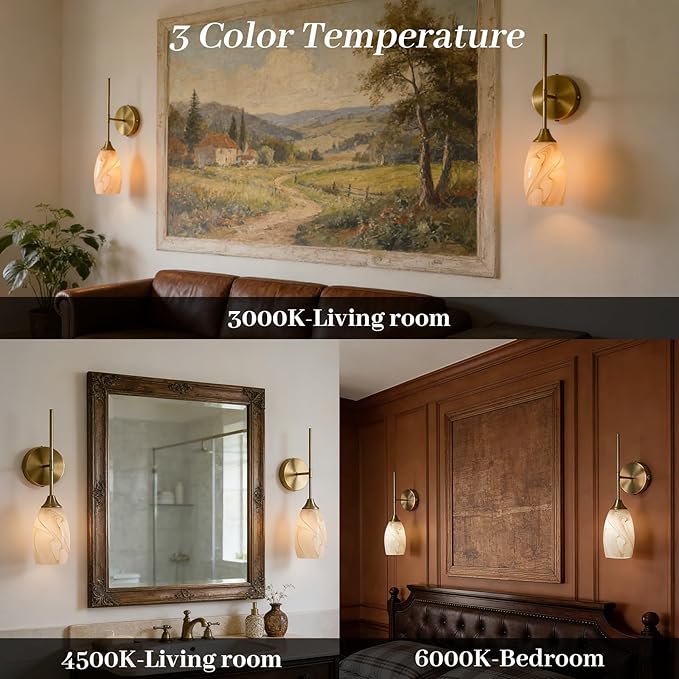 Alabaster Battery Operated Wall Sconces Set of 2, Gold Rechargeable Wireless Wall Sconces with Hand-Blown Glass, Remote Control, Magnetic Mount,Dimmable 3 colors for Bedroom Living Room Hallway