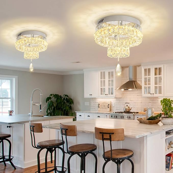 Flashing God Dia 12" Mini Chandelier Modern Crystal Chandeliers for Hallway Silver Flush Mount Ceiling Light Modern Chandeliers Lighting for Bedroom Staircase Kitchen