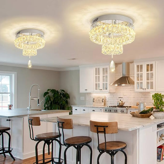 Flashing God Dia 12" Mini Chandelier Modern Crystal Chandeliers for Hallway Silver Flush Mount Ceiling Light Modern Chandeliers Lighting for Bedroom Staircase Kitchen