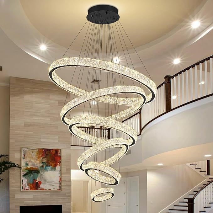Extra Large 6 Ring Crystal Chandelier Modern LED Long Crystal Chandelier for High Ceiling Height Adjustable Black D8+15.7"+23.6"+31.5"+39.4"+47.5" Dimmable 2700K-6000K