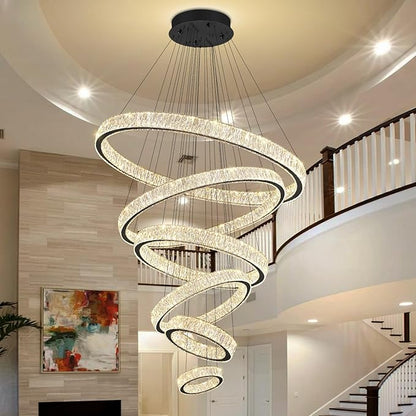 Extra Large 6 Ring Crystal Chandelier Modern LED Long Crystal Chandelier for High Ceiling Height Adjustable Black D8+15.7"+23.6"+31.5"+39.4"+47.5" Dimmable 2700K-6000K