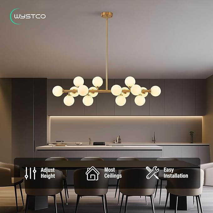 16-Light Globe Sputnik Chandelier, Mid Century Modern Dining Light Fixture Over Table, Brass Gold Linear Chandeliers for Dining Room, Kitchen Island, Living (Milk White Glass Bubble, 40 Inch)