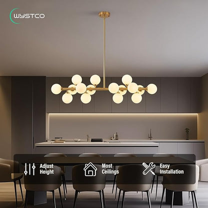 16-Light Globe Sputnik Chandelier, Mid Century Modern Dining Light Fixture Over Table, Brass Gold Linear Chandeliers for Dining Room, Kitchen Island, Living (Milk White Glass Bubble, 40 Inch)