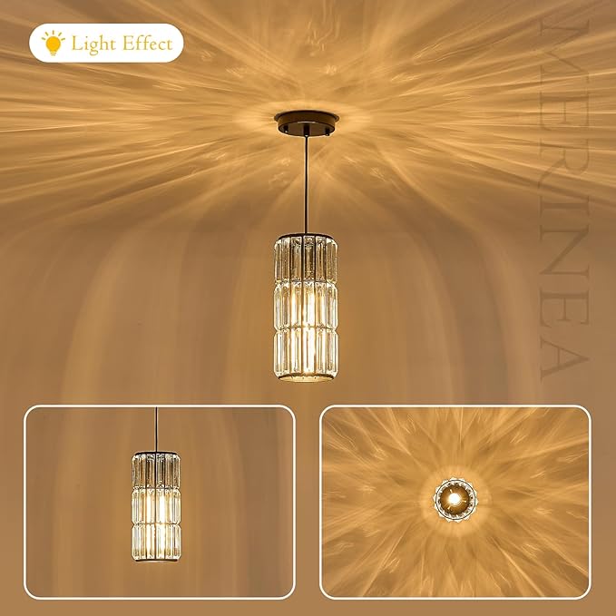 Black Crystal Pendant Light for Kitchen Island, Modern Mini Chandelier Hanging Light Fixture with K9 Crystals, Adjustable Luxury Pendant Lighting for Dining Room, Bedroom, Hallway, Bar