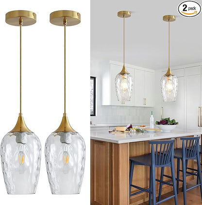 Glass Pendant Lights Kitchen Island 2 Pack, Gold Pendant Light Fixtures with Hand-Blown Clear Glass Modem Farmhouse Hanging Light for Kitchen Sink Dining Room Bedroom