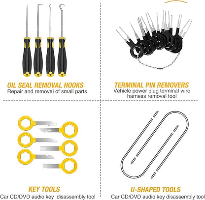 GOOACC 40Pcs Trim Removal Tool,Auto Terminal Removal Key Tool,Auto Clip Pliers Stereo Removal Tools,Car Upholstery Repair Removal Kit,Precision Hook and Pick Set,Wiring Threader,Car Film Scrape-Yellow